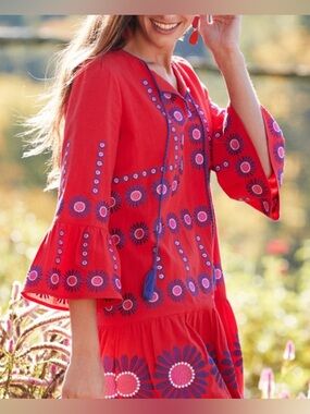 Tyler Boe Red cotton boho ethnic mini dress with Floral Embroidery. Sz. XL.